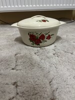 Régi 2 literes öntött vas fazék pipacs mintás vas edény zomàncos fedeles Sütő tál.