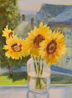 XX. sz közepe magyar festő : NAPRAFORGÓK ABLAKBAN