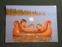 Képeslap,Balaton part,strand,gyerek gumicsónak látkép,részlet, 1985-