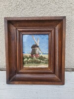 Régi, üvegezett fakeretes tűgobelin falikép_szélmalom