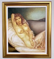 Csomor Katalin (1945-2023) Ébredés után akt olajfestmény KERETEZVE 75x65 cm