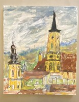 TEMPLOMTORNYOK, TÁJKÉP, OLAJ, VÁSZON FESTMÉNY 60 x 50 CM