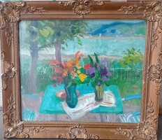 Somogyi Imre : Asztali csendélet vizparti kertben