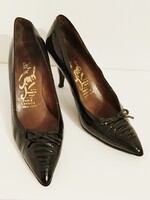 Luxus női olasz Gemel fekete lakk tűsarkú stiletto cipő, vintage 1961-ből