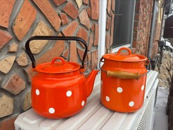 Narancssárga fehér pöttyös teáskanna és tejeskanna  zománcos zománcozott nosztalgia darab paraszti