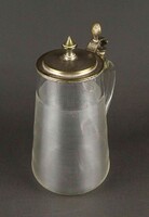 1Y632 Antik ezüstözött fém fedeles fújt üveg söröskorsó 18 cm