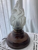 Art deco asztali lámpa, fa talppal és matt üveg lángbúrával