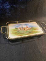 Antik szecessziós kerámia betétes tálca lovas jelenettel 26x13 cm