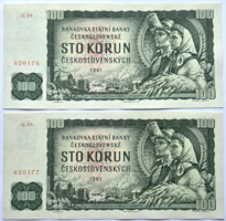 Csehszlovákia 2 x 100 Korun / Korona 1961, sorszámkövetők.