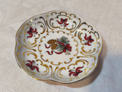 Hollóházi porcelán tálka 14 cm – aranyozott, masnis/tobozos minta, jelzett, hibátlan