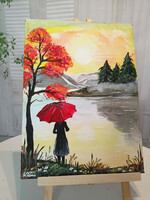 Akril festmény - Őszi táj, hölgy esernyővel
