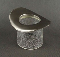 1Y634 Régi fém karimás repesztett kraklé üveg cilinder alakú írószertartó 9.5 cm