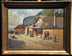 (K) Mányai József (1875-) : Utca alakokkal (Gellért-hegy lábánál)