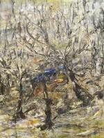 KÉSŐ ŐSZI ERDŐBELSŐ, TÁJKÉP, OLAJ, FALAP FESTMÉNY 65 X 52 CM