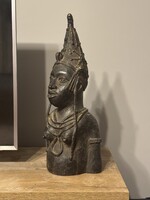 Nagyméretű antik afrikai királynő portré bronz szobor büszt Benin