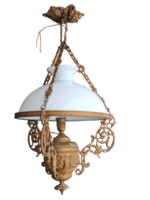 Antik réz lüszter lámpa, opál üveg búrával