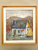 SZÁRADÓ RUHÁK, TÁJKÉP, OLAJ, FALAP FESTMÉNY 65 X 58 CM