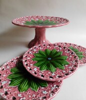 Körmöcbányai antik hóvirág mintás majolika süteményes készlet talpas tállal