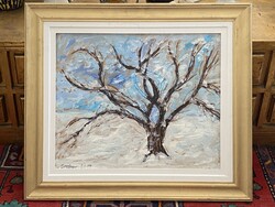 MAGÁNYOS FA TÉLEN, TÁJKÉP, OLAJ, FALAP FESTMÉNY 74 X 64 CM