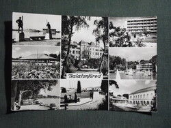 Képeslap,Balatonfüred,szívkórház,szálló,révész halász szobor,hajóállomás,vitorlás hajó részlet,1968-