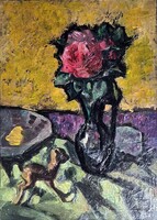 Pap Gyula - Virágcsendélet őzike szoborral 70 x 50 cm olaj, vászon