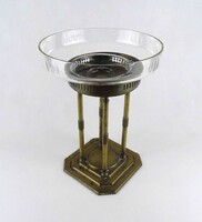 1Y697 Antik osztrák üvegbetétes négy oszlopos réz asztalközép gyümölcs kínáló tál 28 x 21 cm