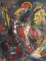 KÁOSZ, ANGYALOK ÉS ÖRDÖGÖK, OLAJ, FALAP FESTMÉNY 78 X 68 CM