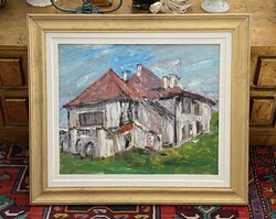 RÉGI ÉPÜLET, TÁJKÉP, OLAJ, FALAP FESTMÉNY 74 X 64 CM