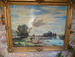 Olaj vászon festmény. Szignózott. A keret és a kép restaurált. Mérete: 95 x 75 cm.