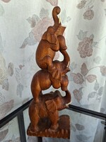 Vintage faragott fa elefánt, elefánt csorda szobor, figura, 35 cm