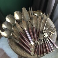 Régi réz desszertes villák és szervírozó készletek rózsafa nyéllel