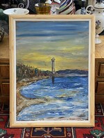VILÁGÍTÓ TORONY A TENGERPARTON, TÁJKÉP, OLAJ, FALAP FESTMÉNY 84 X 63 CM