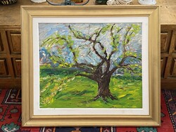 MAGÁNYOS FA NYÁRON, TÁJKÉP, OLAJ, FALAP FESTMÉNY 71 X 62 CM
