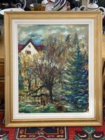 BURJÁNZÓ KERT, FEHÉR HÁZZAL, TÁJKÉP, OLAJ, FALAP FESTMÉNY 88 X 74 CM