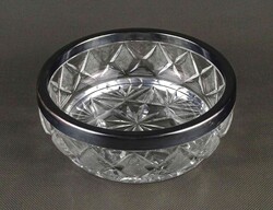 1Y694 Ezüstözött fém peremű lengyel HEFRA MET csiszolt üveg asztali tál kínáló tál 16 cm