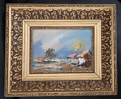 Jelzett (Vojnits Richárd?) olaj festmény dekoratív fakeretében