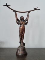 Régi bronzírozott, patinás vas szobor, gyertyatartó - 28 cm