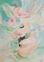 Eredeti, szignózott olajfestmény, 50x60cm, Nő pasztell színekben