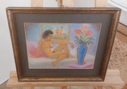 Női akt pasztell kép 31x37 cm kerettel