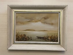BALATONI NÁDAS, TÁJKÉP FESTMÉNY, OLAJ, FAROST, VAJ SZÍNŰ, SZÉLES FA KERETBEN 32 X 24 CM