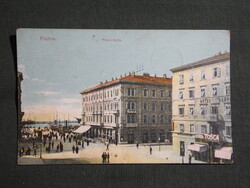 Képeslap,Horvátország,Fiume,Rijeka,Piazza Dante tér,kikötő,hotel,étterem,városi látkép,részlet,1915-