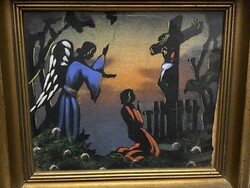 ART DECO, SZÉLES ARANY KERETBEN EGYHÁZI TEXTIL KÉP EGYÜTT 30,5 X 27 CM