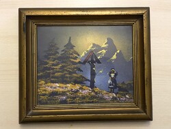 ART DECO, SZÉLES ARANY KERETBEN EGYHÁZI TEXTIL KÉP EGYÜTT 32 X 27,5 CM