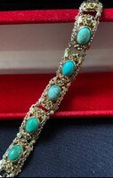 Antik osztrák-magyar ezüst aranyozott karkötő Türkiz  kövekkel