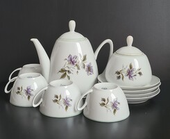 Csodaszép vintage apró ibolya virágos román Cluj Napoca porcelán teás készlet 4 személyes hibátlan