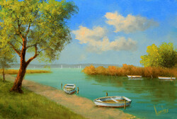 Akciós ár: Lantos György: Csónakok a Balatonnál 20x30 cm