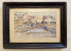 FOLYÓPART AZ UDVAROK MÖGÖTT 1942-ES, JELZETT AKVARELL FESTMÉNY, ART DECO KERETBEN 55 X 41 CM