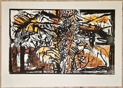 Kántor János: Profán oltár II. – Egyedi E.A. PRÓBANYOMAT, jelzett színes szitanyomat (64x54 cm)