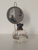 Antik régi asztali fali akasztós konyhai petróleum lámpa színtelen üveg ritka tükrös fényvető 25 cm