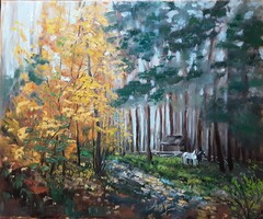 Antyipina Galina: Erdész háza. Olajfestmény, vászon, festőkés. 50x60cm